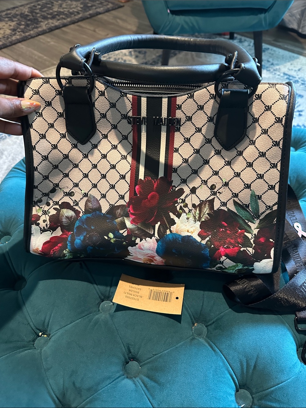 Steve Madden Floral Print Satchel with Black Trim and Multicolor Flowers